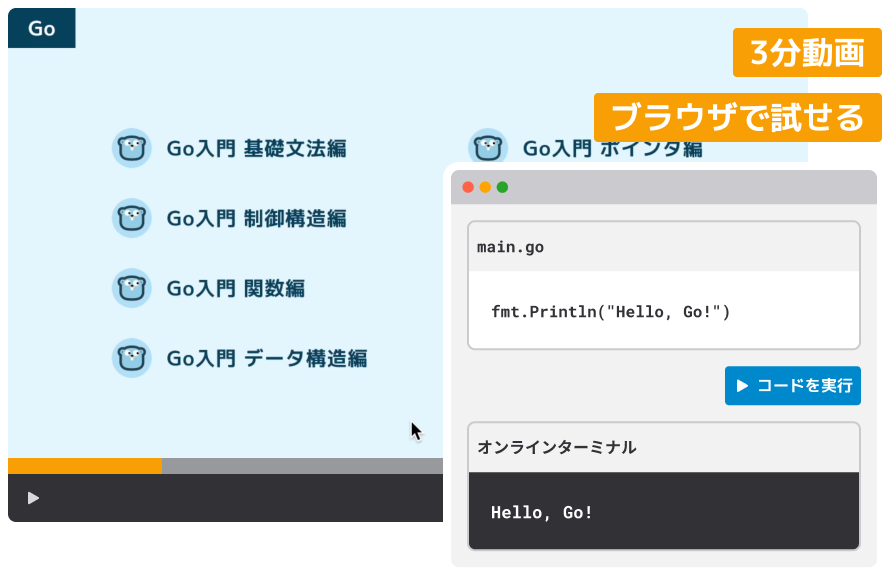 Go言語入門のレッスン画面