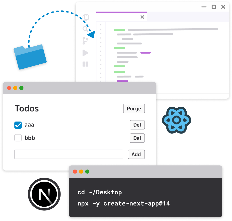 ローカル環境で React や Next.js を開発する様子