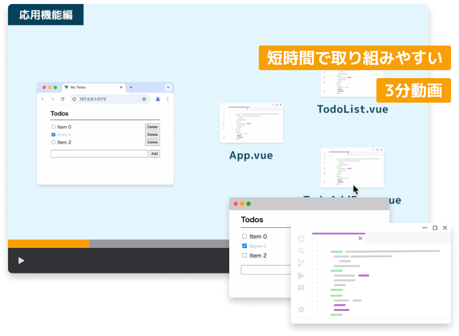動画を見ながらVue.jsとNuxtのコードを書くイメージ